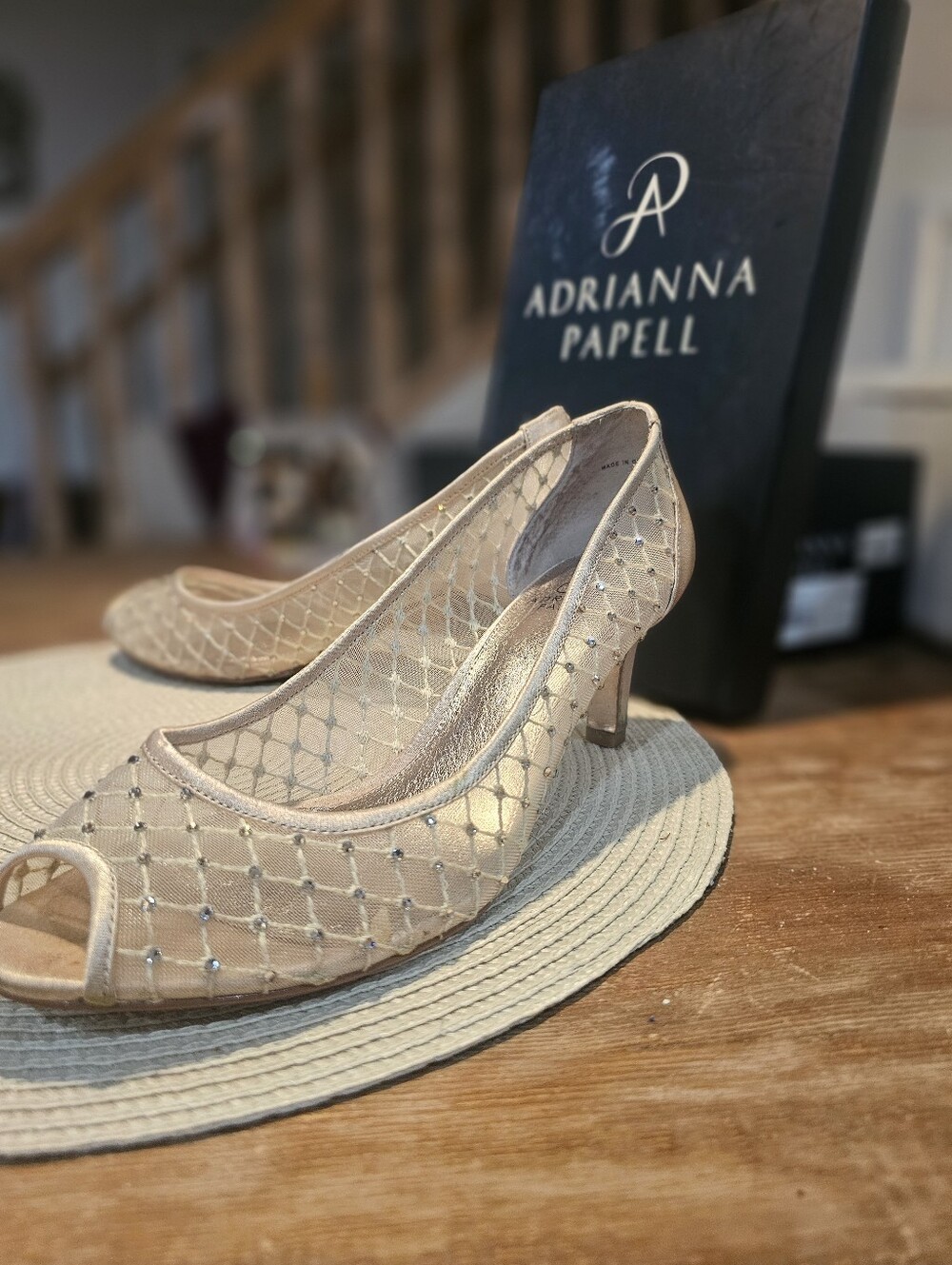 Adrianna Papell Jamie Pump Peep Toe Heels W Rhinestones Champagne Size 9.5 - Picture 8 of 10